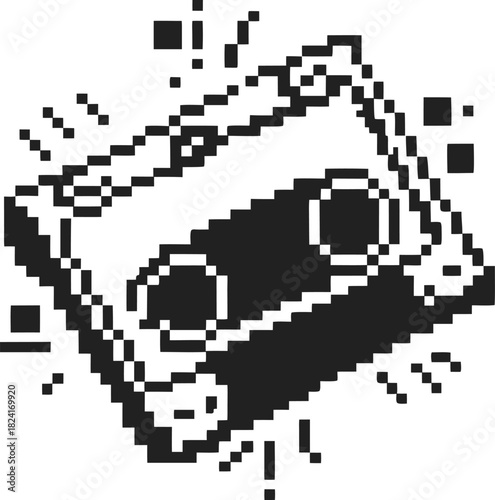 Retro pixel art cassette tape illustration, vintage music symbol, nostalgic audio technology, black and white digital