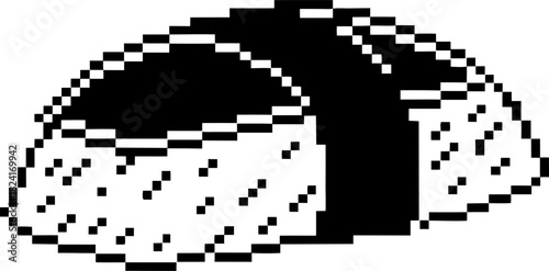 Pixel art sushi piece with rice base, black seaweed strip, and fish topping retro digital illustration on white background