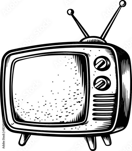 Retro television set illustration vintage black and white tv with antennas, dials and static display, hand drawn sketch