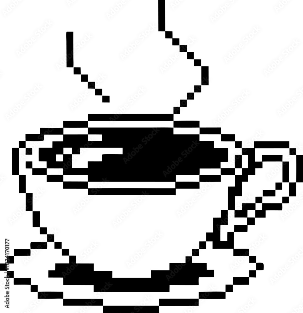 Fototapeta premium Pixel art hot coffee cup with steam rising, vintage retro black and white minimalist tea mug illustration