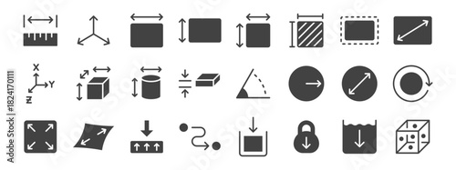 Measurement and dimension glyph icon set. Ruler, 3D axis, width, height, diameter minimal vector illustrations. Simple silhouette signs for geometry size tools. Black color