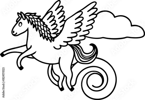 Flying pegasus with curly tail in the sky, mythical winged horse outline, fantasy animal coloring illustration