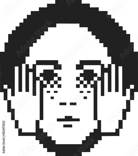 Pixel art face with hands covering eyes, retro black and white style, emotional expression, digital crying, abstract sadness