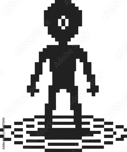 Pixel art humanoid figure standing on concentric circular lines retro digital style, minimal black and white 8 bit illustration