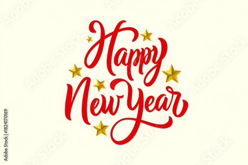 Happy new year calligraphy with golden stars and confetti