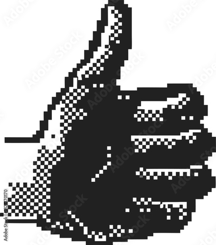 Pixelated thumbs up hand gesture retro digital style, positive approval symbol, black and white monochrome illustration