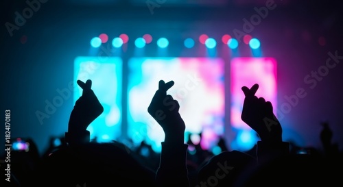 KPop Love Concert Crowd Hearts in Silhouette Against Stage Lights.