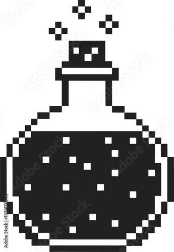 Pixel art potion bottle icon retro 8 bit fantasy container with sparkling magical liquid, classic alchemy elixir symbol