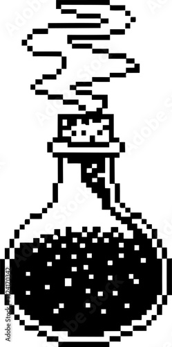 Retro pixel art bubbling potion flask with steam rising, science chemistry fantasy laboratory magic concept