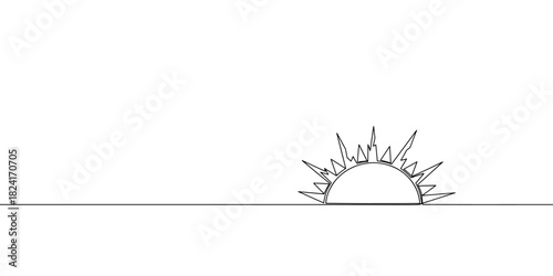 single continuous line drawing of sun rise or set on horizon minimalistic concept of summer travel or new beginning continuous sketch doodle vector illustration banner