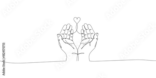 single continuous line drawing of pair of hands holding heart shape minimalistic concept of love care and sharing continuous sketch doodle vector illustration banner