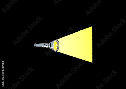 A pixel-art flashlight emitting a wide yellow beam in the dark, creating a bright triangular light shape against a black background.