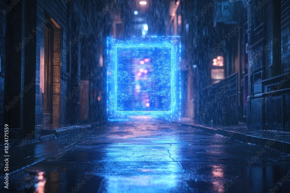 Fototapeta premium A mysterious blue glowing digital portal illuminates a dark, rain-soaked cyberpunk alleyway at night, reflecting on the wet ground.