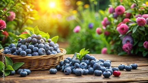Wallpaper Mural Sunlit Basket of Freshly Harvested Blueberries on Rustic Wooden Table with Blooming Flowers in the Background Torontodigital.ca