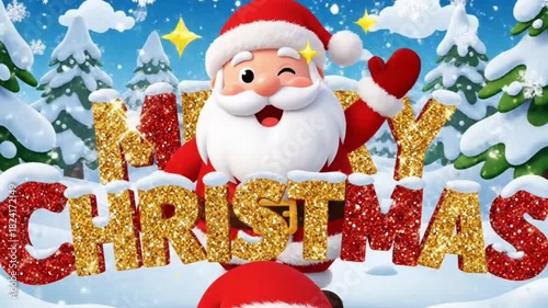 Happy Santa Cartoon Popping Behind Glittery Merry Christmas Text Illustration