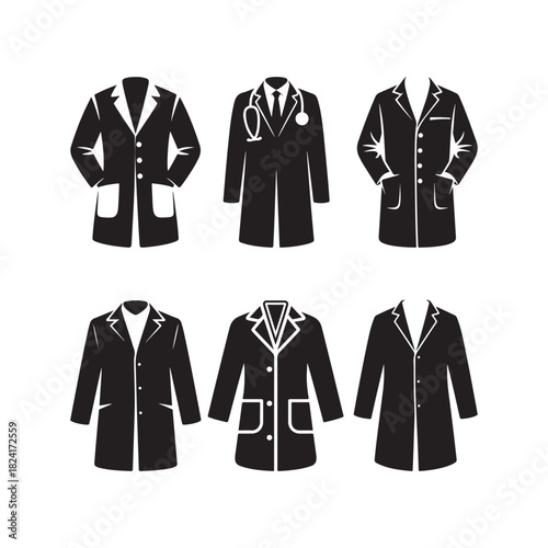 Black Color Doctor coat Silhouette Vector Illustration, Solid White Background.