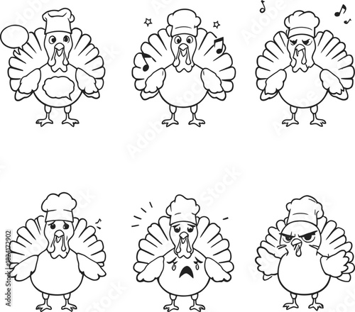 Cartoon turkey chef illustration set showing emotional expressions in cooking theme for festive and humorous designs