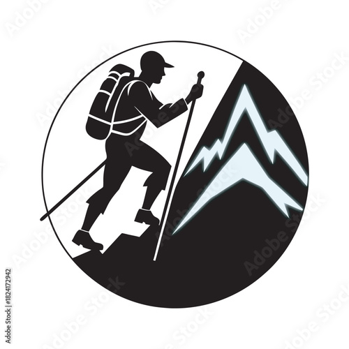 Traveler With Backpack Roaming Across Harsh Mountain Terrain Silhouette