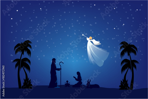 Composition with the Holy Family and an angel for Christmas