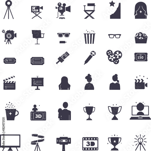 Film and media production icon set in dark silhouette style featuring cinema elements and entertainment graphics