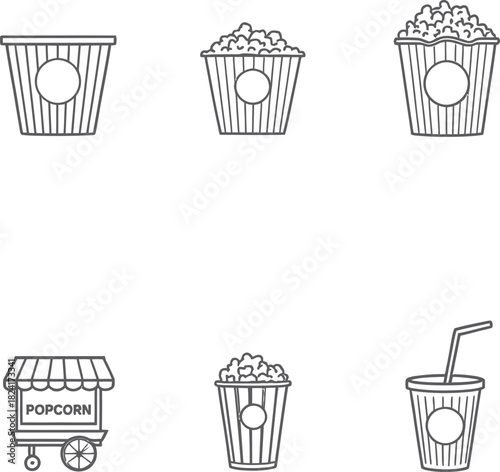 Popcorn and drink vector set in black and white line style perfect for cinema snack icons and concession graphics