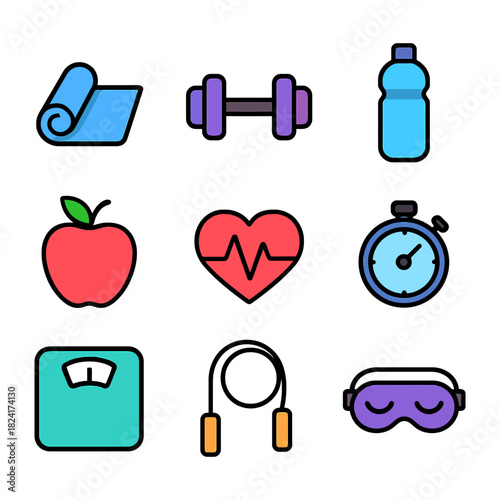 Fitness icons: dumbbell, stopwatch, apple, yoga mat, heartbeat, jump rope, sleep mask, scale, bottle.