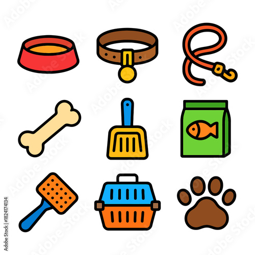 Colorful pet accessories collection: bowls, collars, leashes, bones, scoops, carriers, paw print.