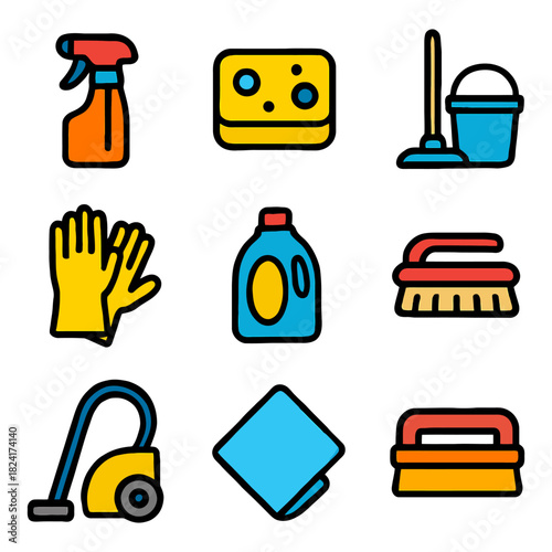 Colorful cleaning tools icon set featuring spray mop sponge gloves and vacuum.