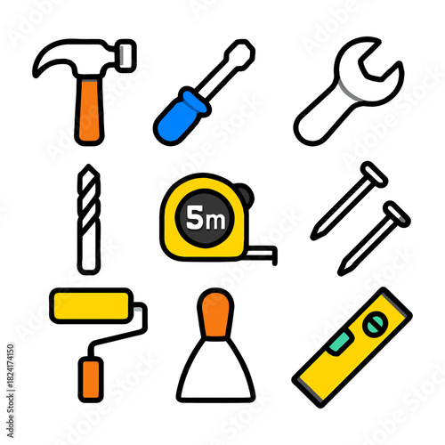 Collection of colorful hand tools including hammer, screwdriver, wrench, and drill.