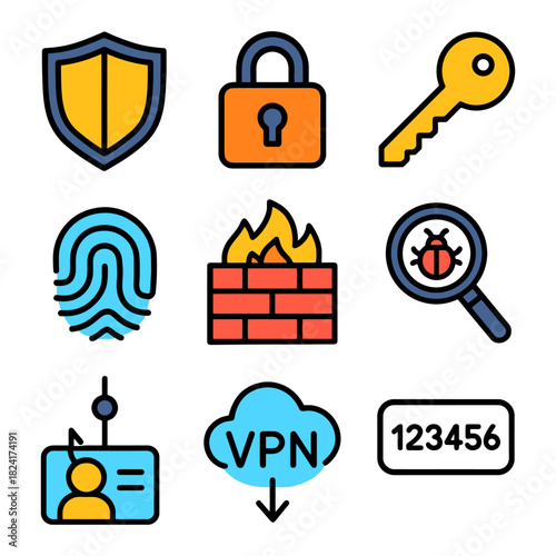Cybersecurity icons: shield, lock, key, fingerprint, firewall, virus, vpn, code.