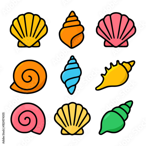 Colorful cartoon sea shells collection with various shapes.