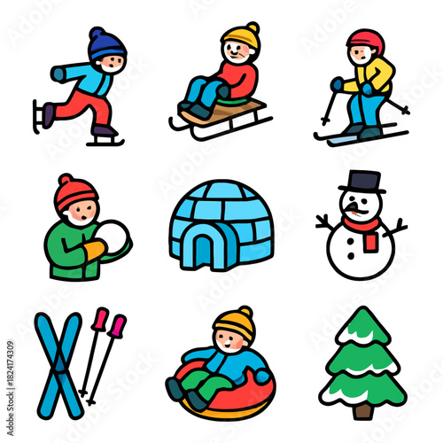 Winter activities for kids - ice skating, sledding, skiing, snowball fight, snowman, igloo, tubing.