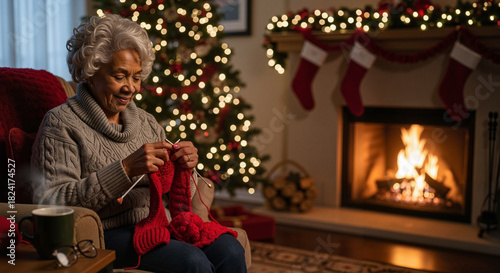 Elderly woman knitting a red scarf by the Christmas fireplace  