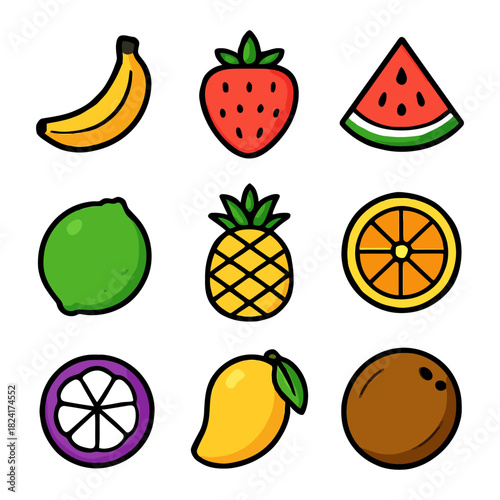 Colorful cartoon fruits: banana, strawberry, watermelon, lime, pineapple, orange, mangosteen, mango, coconut.
