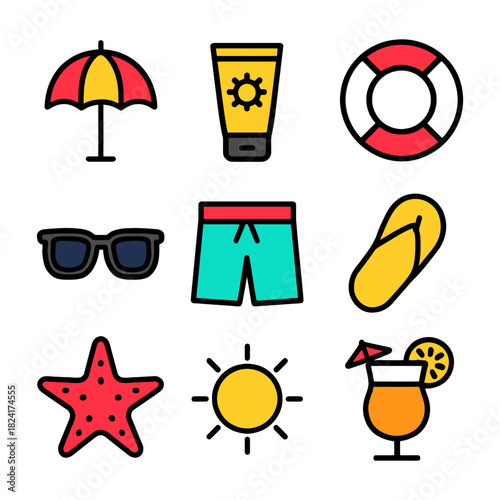 Colorful summer beach icons: umbrella, sunscreen, lifebuoy, sunglasses, flip-flops, starfish.