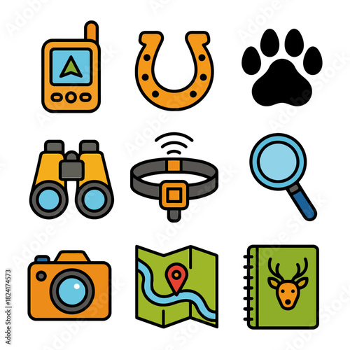 Set of colorful pet and outdoor adventure icons.