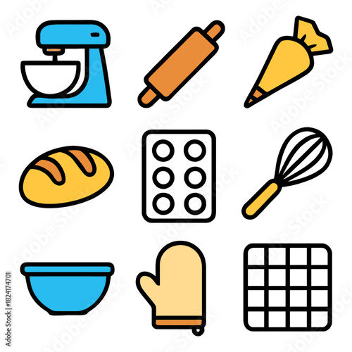 Essential baking tools icons: mixer, rolling pin, piping bag, bread, muffin tray, whisk, bowl, oven mitt, cooling rack.