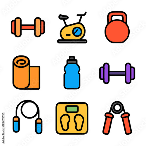 Colorful fitness equipment icons set for home workouts and exercise.