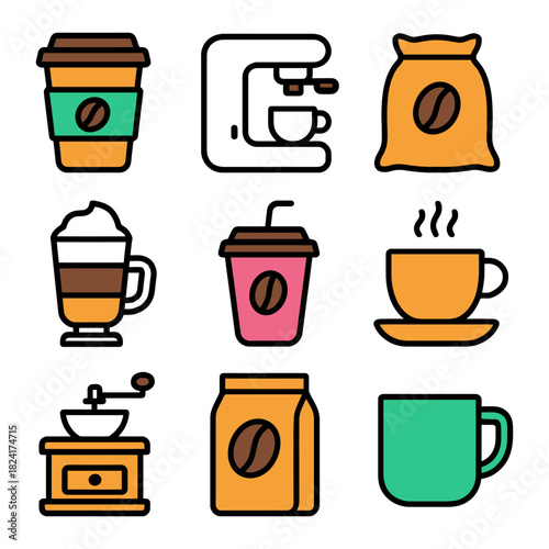 Coffee icon set featuring cups, espresso machine, grinder, and coffee bags.
