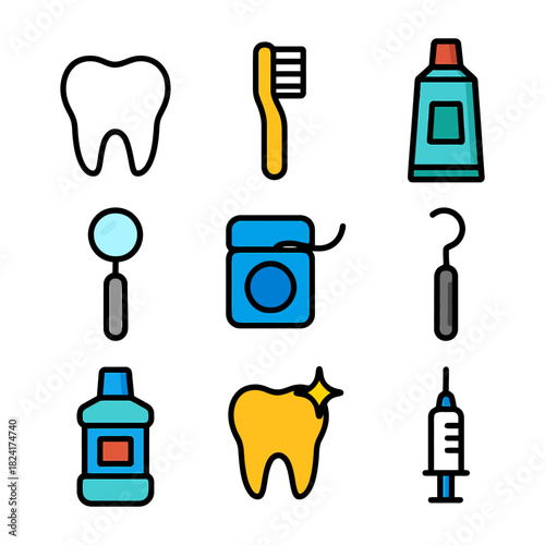 Dental care icons set: toothbrush, toothpaste, dental floss, and tools for oral hygiene.