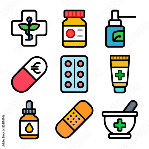 Healthcare icons: medicine, pharmacy, pills, syrup, bandage, mortar.