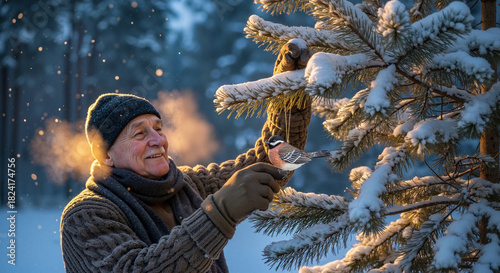 Elderly man trimming a snow-covered tree in a winter forest  