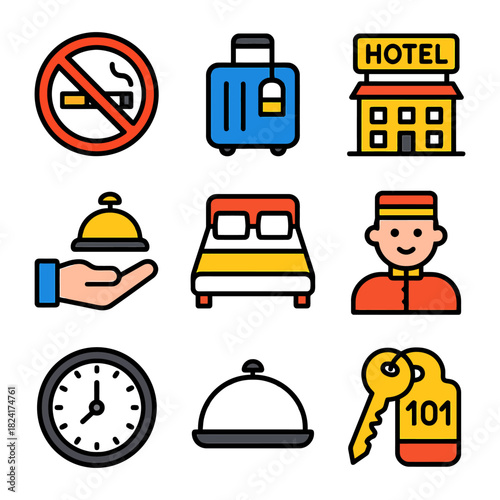 Hotel icons set: no smoking, baggage, service bell, bed, reception, clock, dining, key.