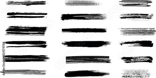 set of black and white paint splashed rough grunge brush set vector design made by hand drawn various black lines.