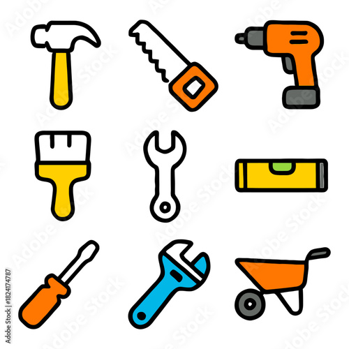 Colorful cartoon hand tools set with hammer, drill, wrench, and more.