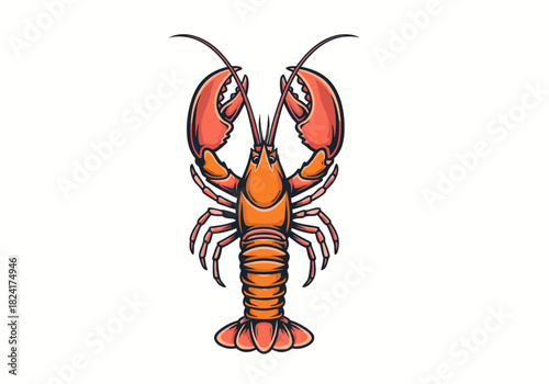 Illustrated red lobster with large claws and segmented tail, isolated on white background for seafood dishes