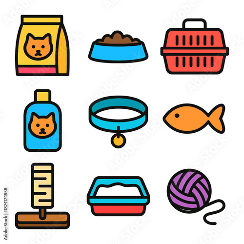 Colorful cat care icons featuring food, carrier, collar, fish, litter box, and toys.