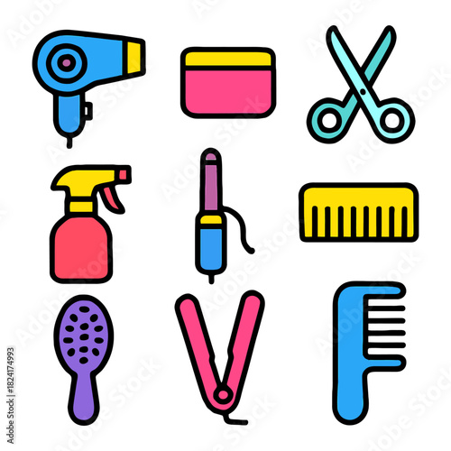 Colorful hair salon tools icons: comb, scissors, hair dryer, spray bottle, straightener.