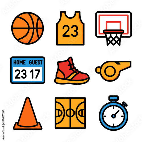 Basketball essentials: ball, jersey, hoop, scoreboard, shoe, whistle, cone, court, stopwatch.