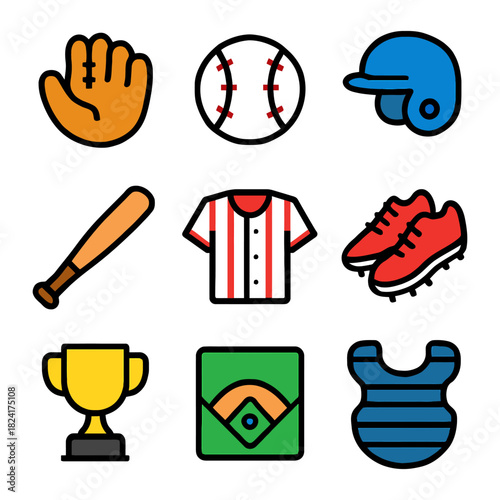 Baseball equipment icons: glove, helmet, bat, ball, cleats, trophy, jersey.